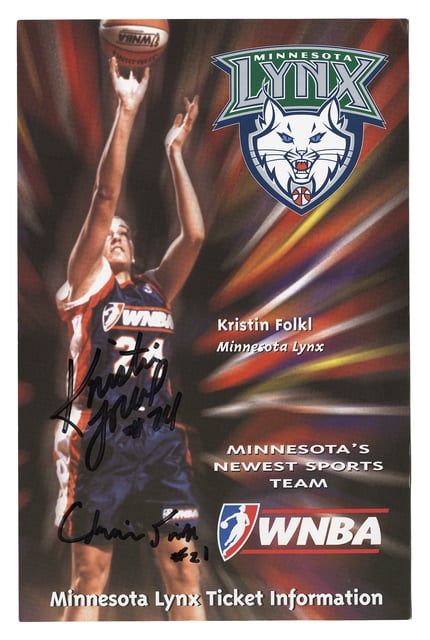 Graphic image showiwng a basketball player jumping up for a shot next to spokes of color, the Lynx logo, and players' signatures in black marker.